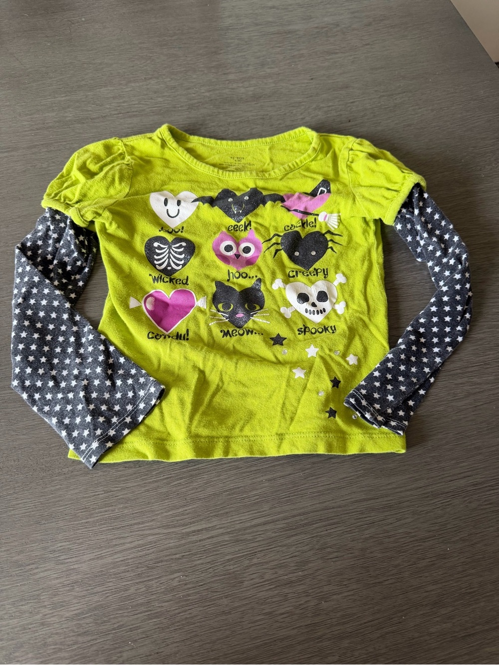 Girls Lime Green Layered-Look Halloween Graphic Long Sleeve Top